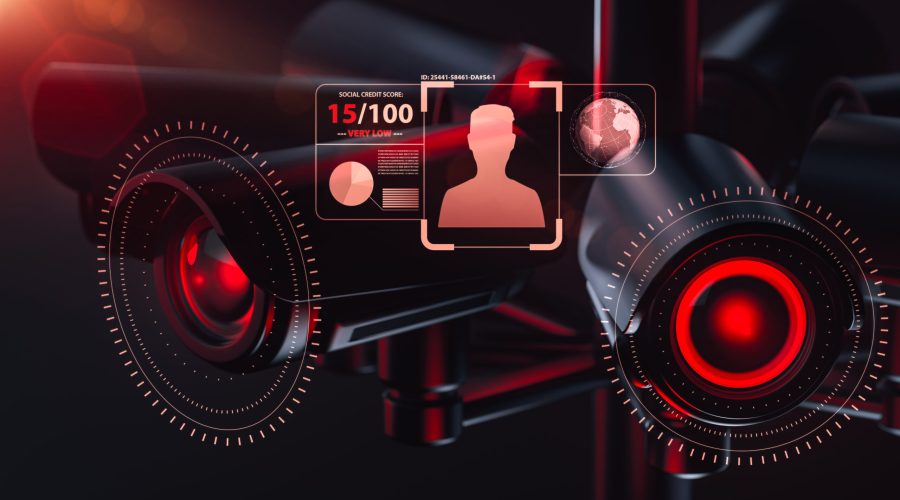 Cctv is checking information about citizen in surveillance security system, social credit system concept. 3D rendering Cctv is checking information about citizen in surveillance security system, social credit system concept. 3D rendering