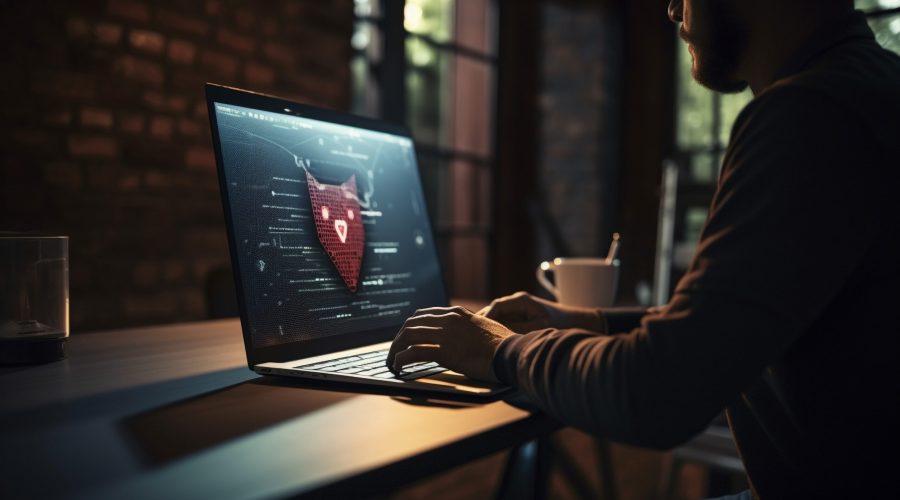 Young adult businessman sitting at desk typing generated by AI Young adult businessman sitting at desk typing generated by artificial intelligence